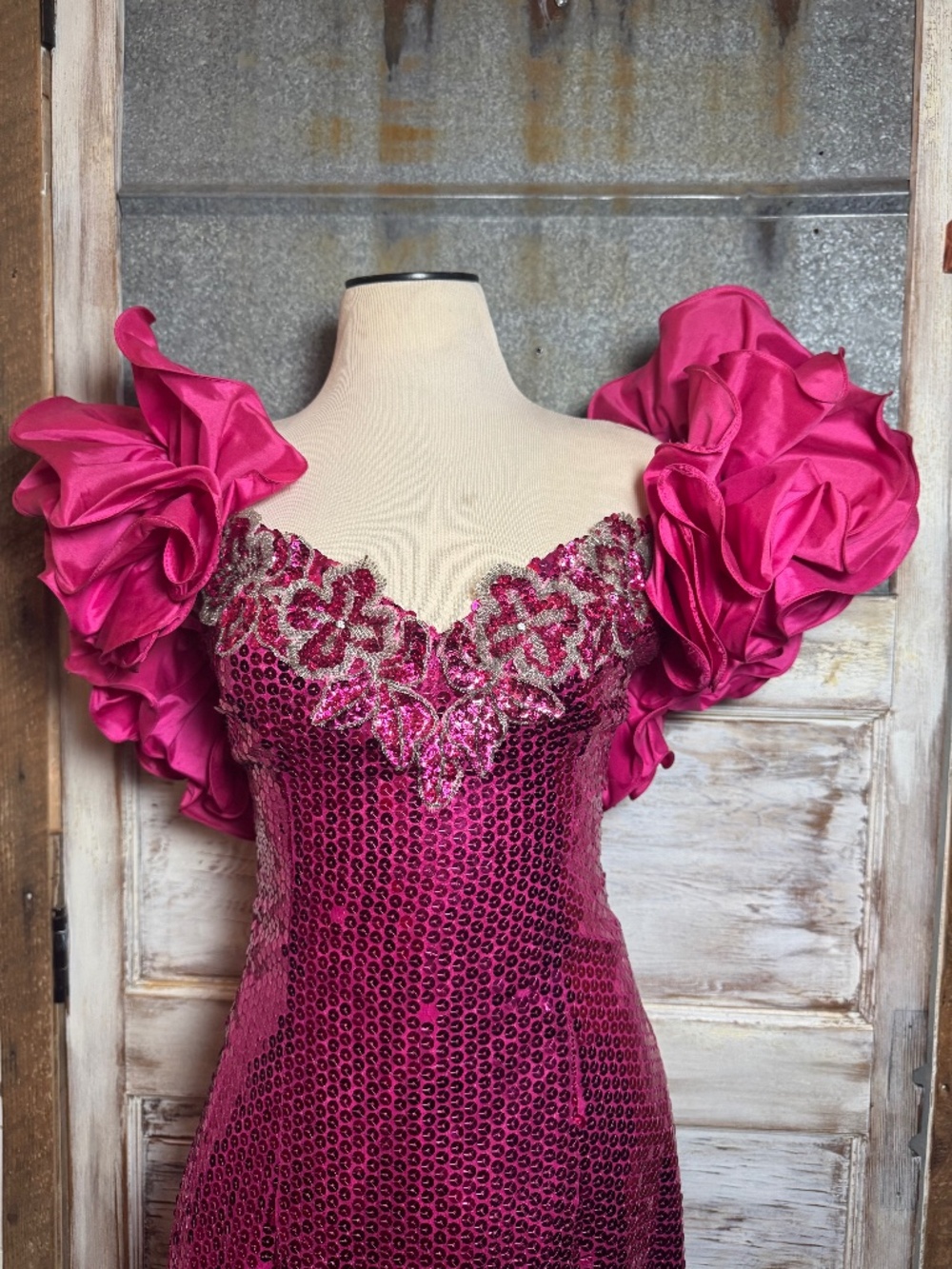 Vintage 80s Hot Pink Sequin Party Dress Ruffle Statement Sleeves Glam Formal